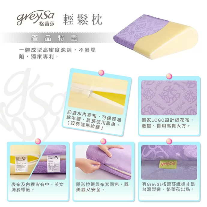 GreySa格蕾莎輕鬆產品特點：1.一體成型高密度泡綿 2.防潑水內裡布 3.獨家LOGO設計緹花布