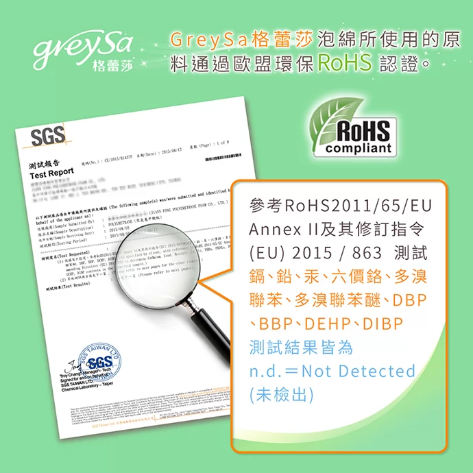 GreySa格蕾莎所使用的泡綿通過歐盟環保RoHS認證