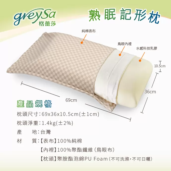 GreySa格蕾莎熟眠記形枕產品規格：材質包含100%純棉表布
