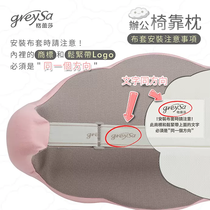 GreySa格蕾莎辦公椅靠枕布套安裝注意事項：內裡的商標和鬆緊帶LOGO必須是同一個方向