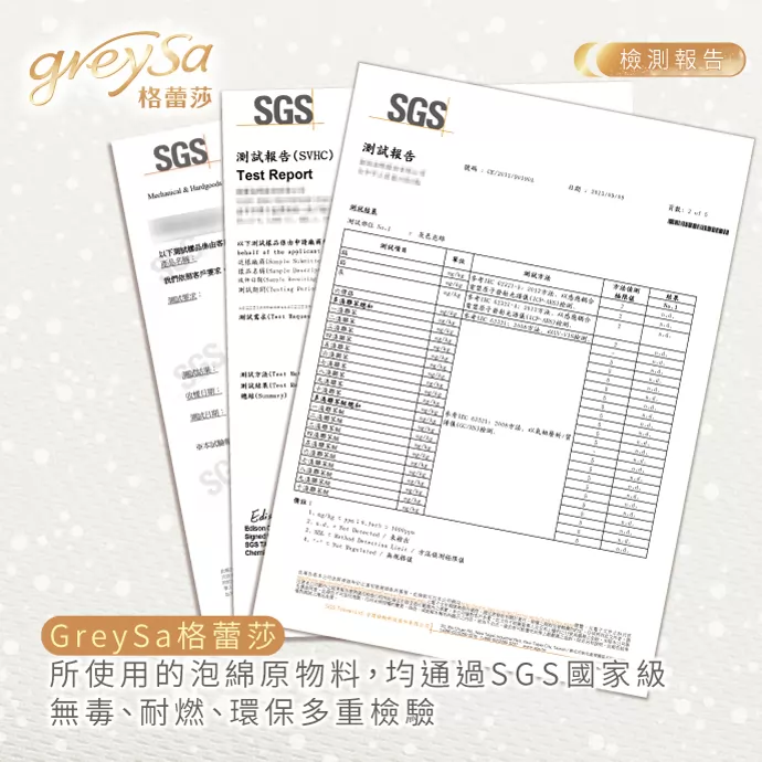 GreySa格蕾莎所使用的泡綿原物料，均通過SGS國家級無毒、耐燃、環保多重檢驗。