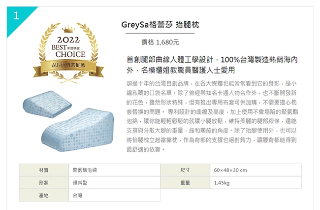 GreySa格蕾莎抬腿枕榮獲2022年【All-in 專業推薦】精選人氣足枕/抬腿枕推薦 No.1 第一名